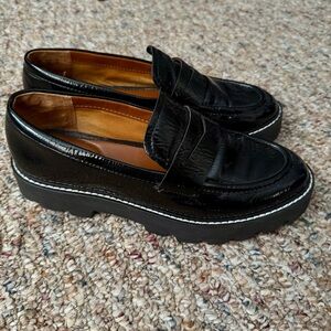 Franco Sarto Black Patent Leather Chunky Lug Sole Loafers